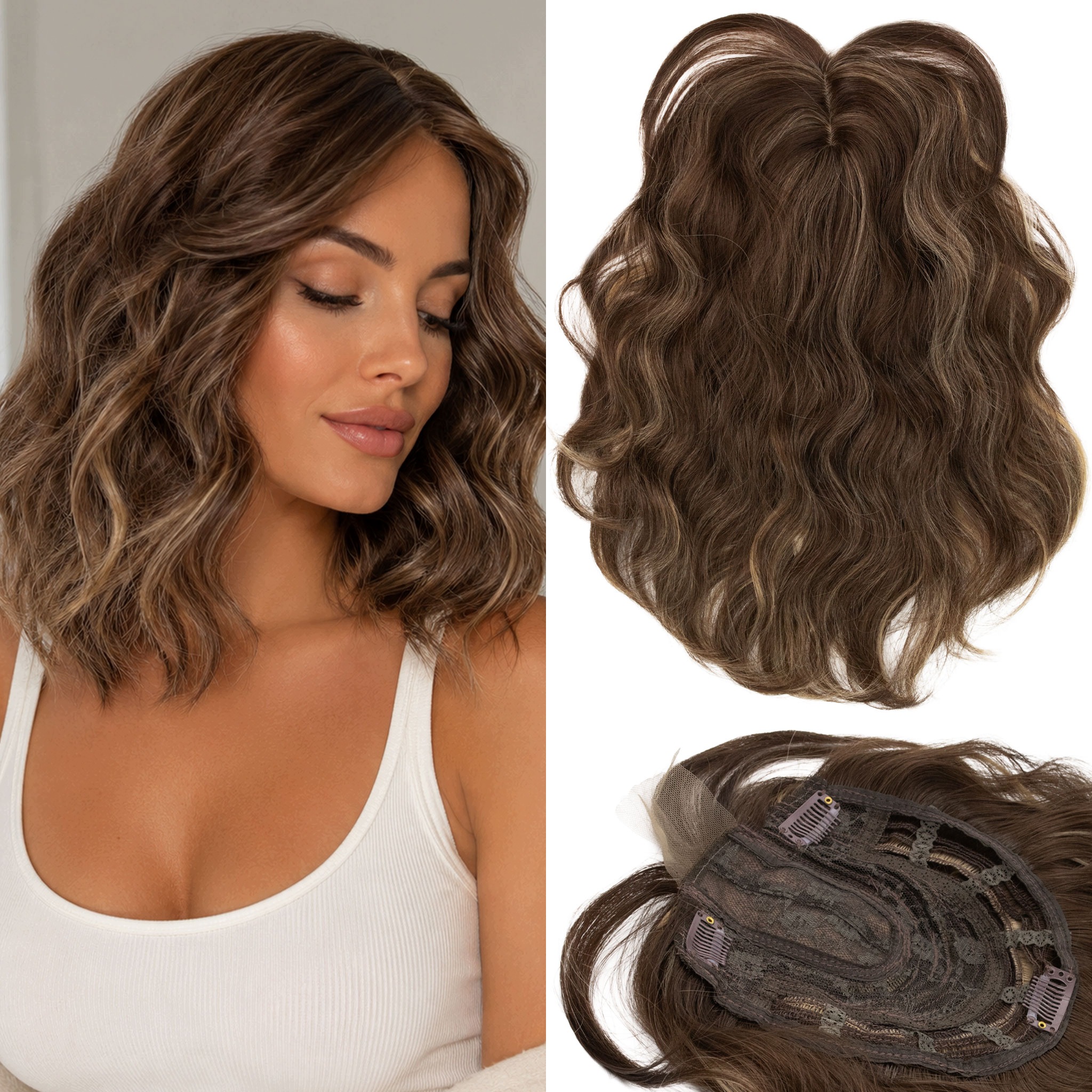 Topper Tupet Pełne Uzupełnienie Włosów Clip In brąz balayage 40cm grzywka