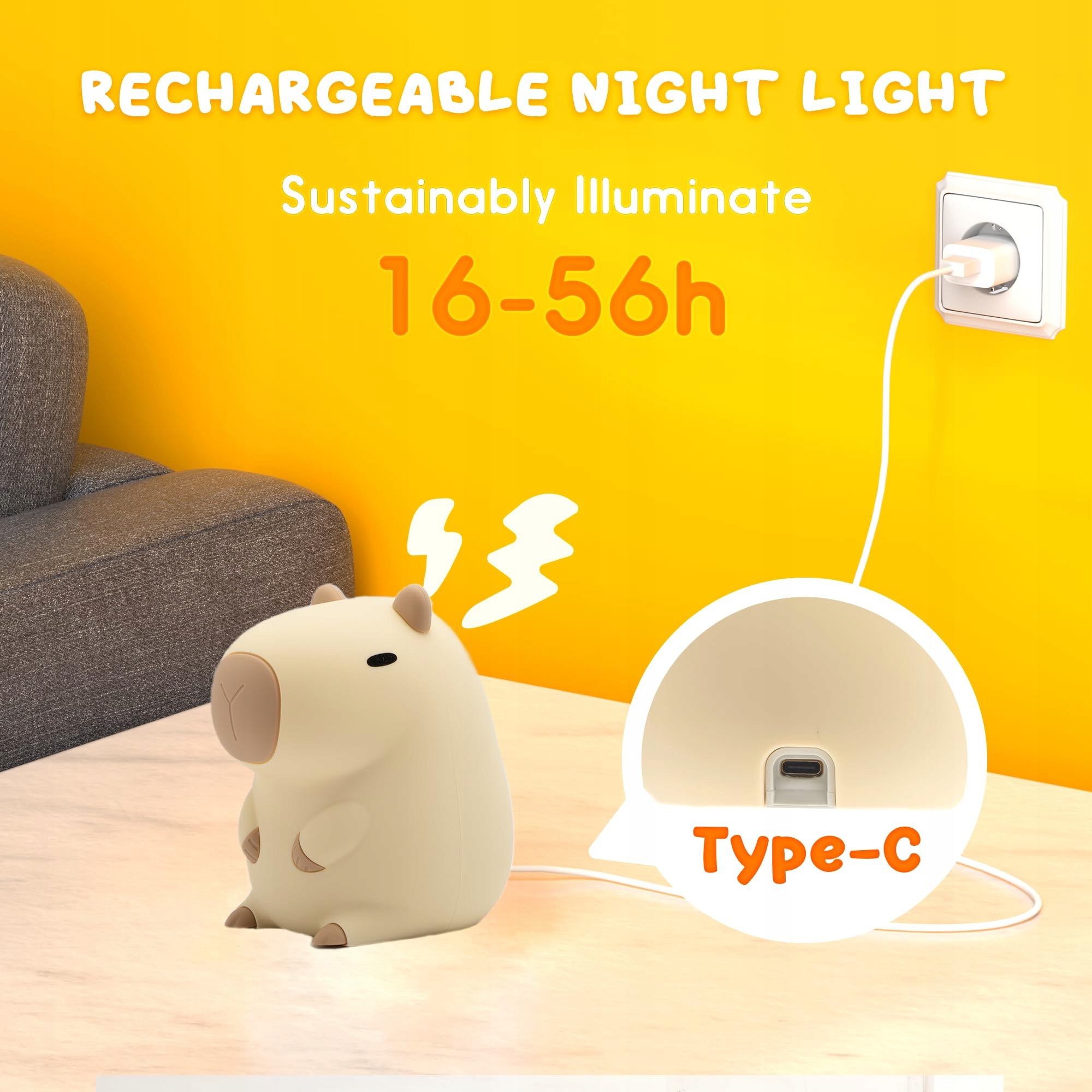 UNEEDE Lampka Nocna LED Dla Dzieci Silikonowa Kawaii Kapibara Dimmable — miniatura 5