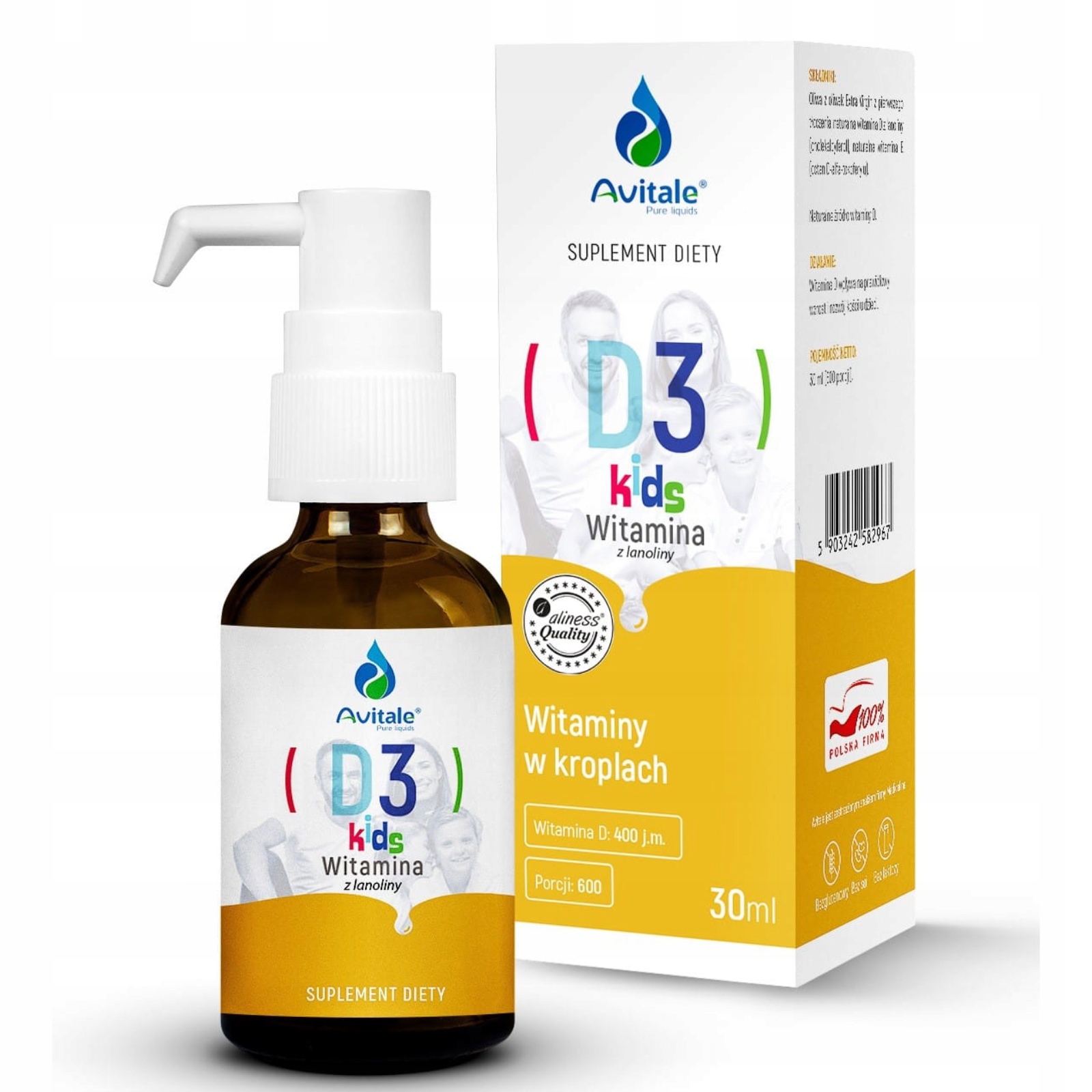 Witamina D3 Kids z Lanoliny 400 Iu dla Dzieci w Kroplach 30 ml Odporność