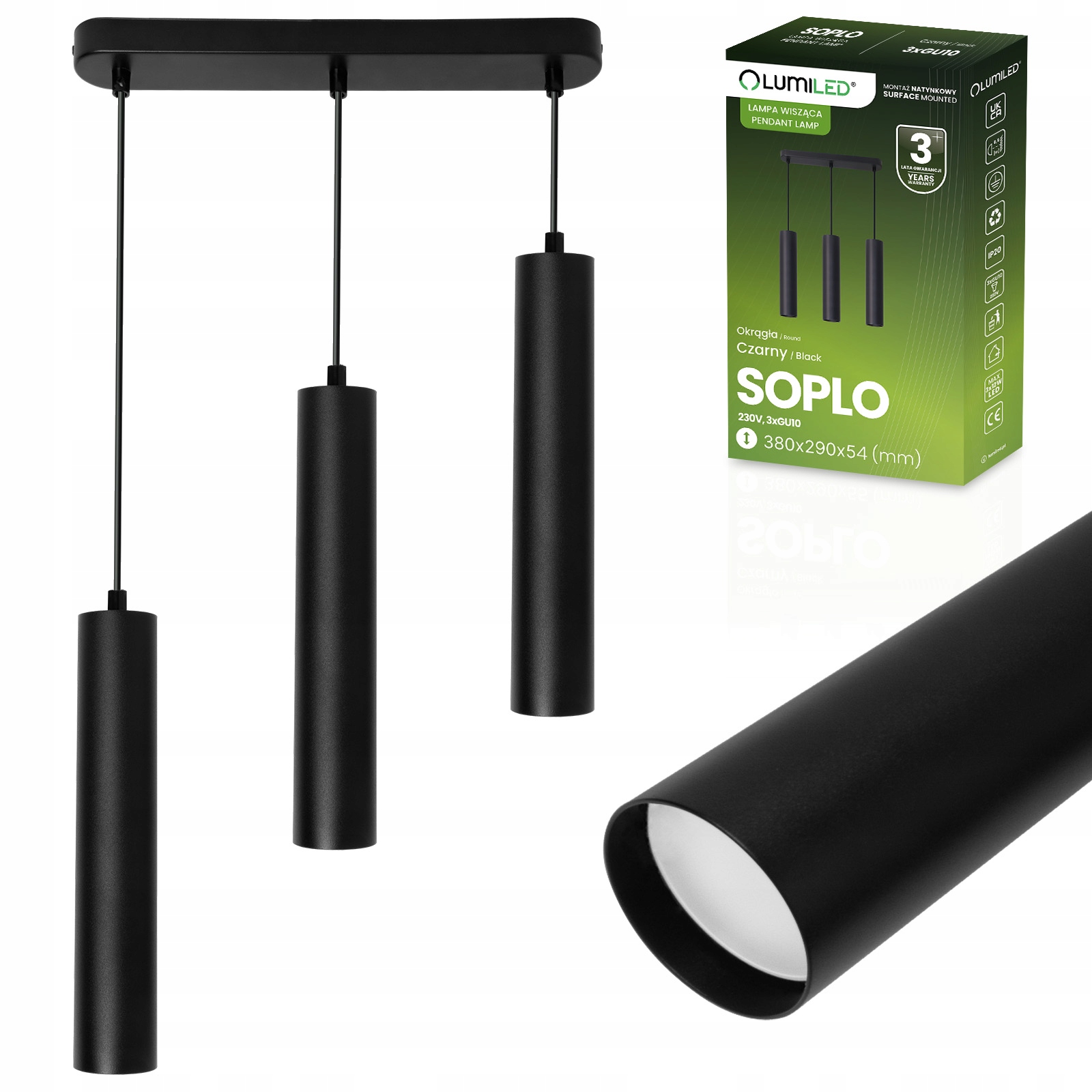 Lampa Wisząca Led 3x GU10 Oprawa Sufitowa Reflektor Tuba Zwis Czarny