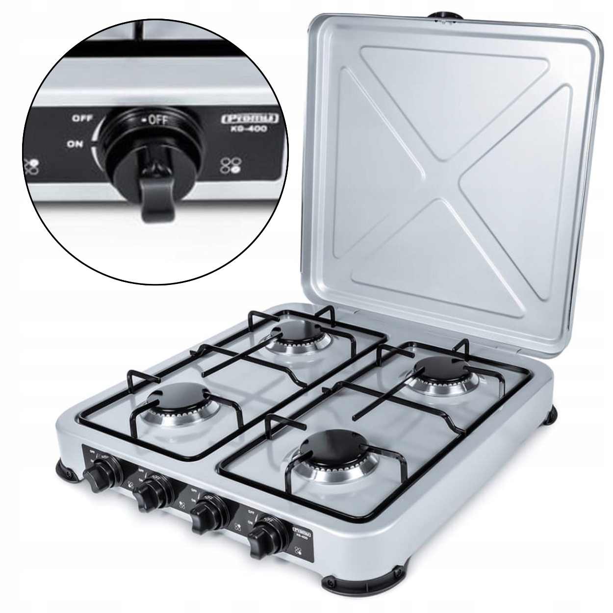 Plynový sporák Promis KG400S přenosný, 4 hořáky na plyn, stříbrný, velký