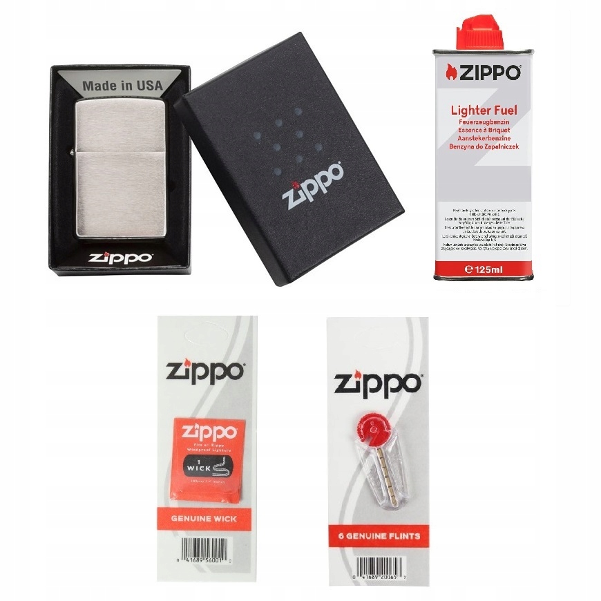 Zippo Матовый Хром Бензин Фитиль Камни