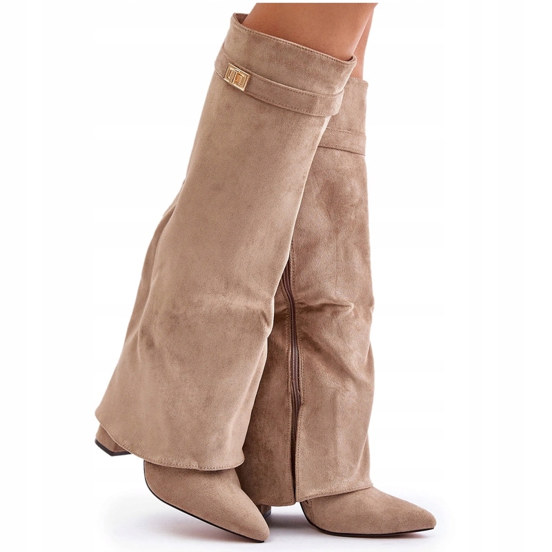 Kozačky Z Eko Semiše Na Podpatku Špičky Ve Špici, Vyhrnutý Svršek Béžová 41