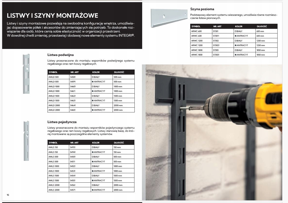 System regałowy Integri SZYNA PIONOWA MONTAŻOWA pojedyn. WLS 1000 ANTRACYT Szerokość mebla 2 cm