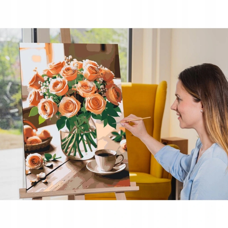 Malování Podle Čísel Růže Růžové Květy Barevné Kytice Váza XXL 40x60 cm