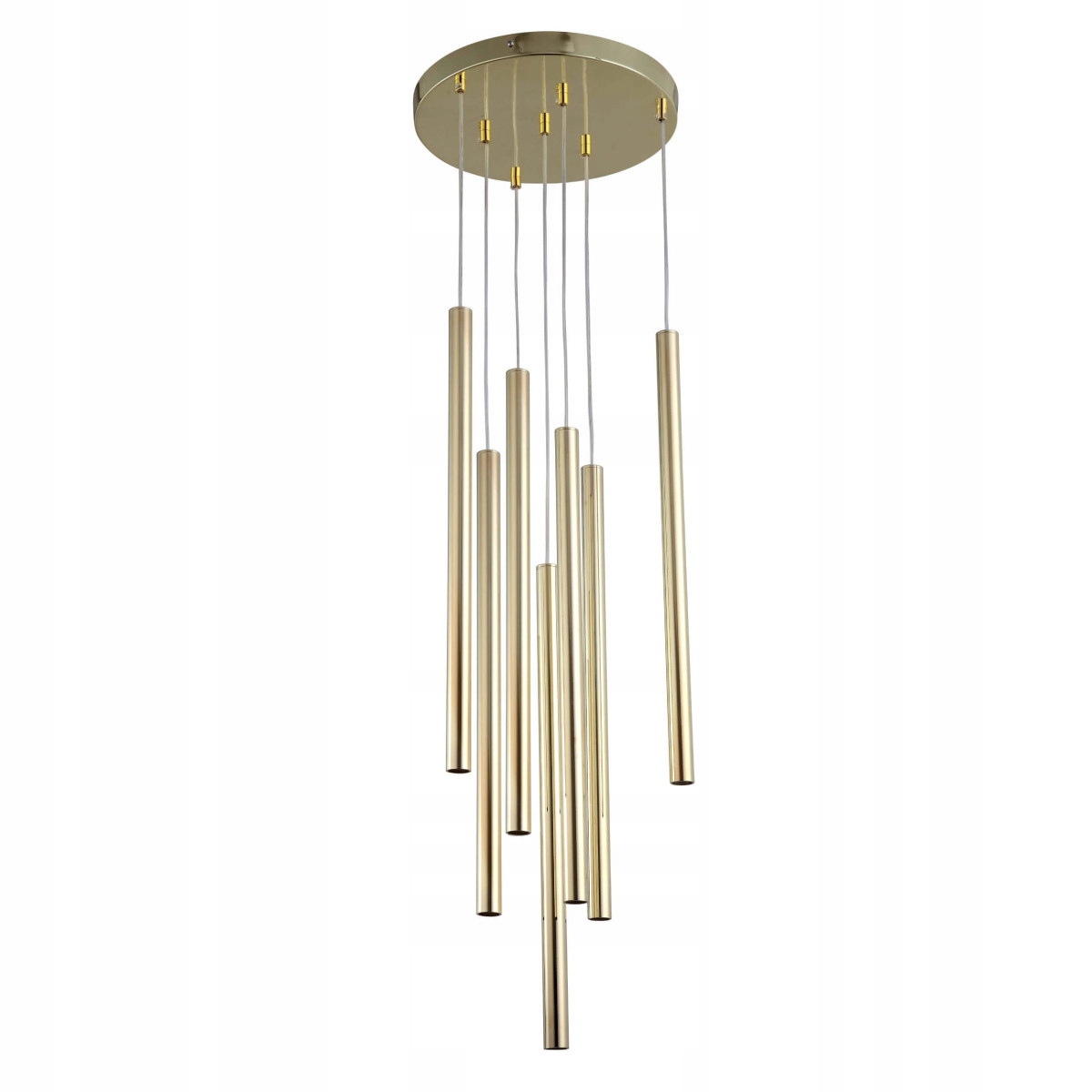 Luxusná sedemplameňová závesná lampa z kovu v zlatej farbe Lungo