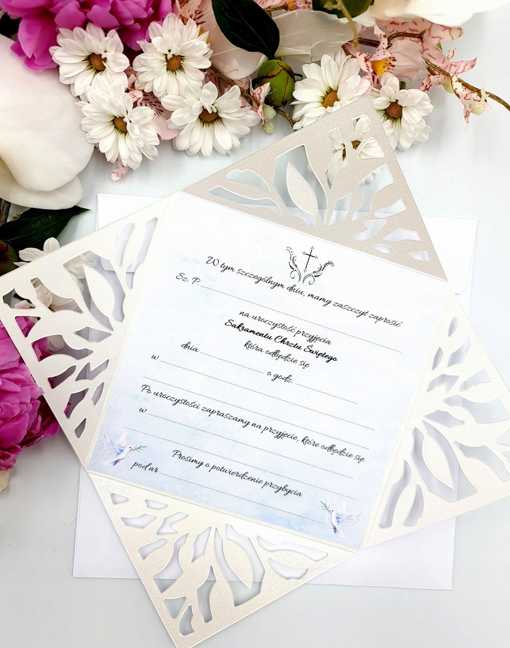 ZAPROSZENIA CHRZEST CHRZCINY AŻUROWE ORIGAMI BIEL Szerokość produktu 13 cm