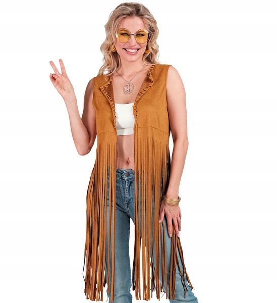 Kostým Dámská Vesta Hippie Dlouhá Hippie Hnědá Střapce Léta 70 L/XL