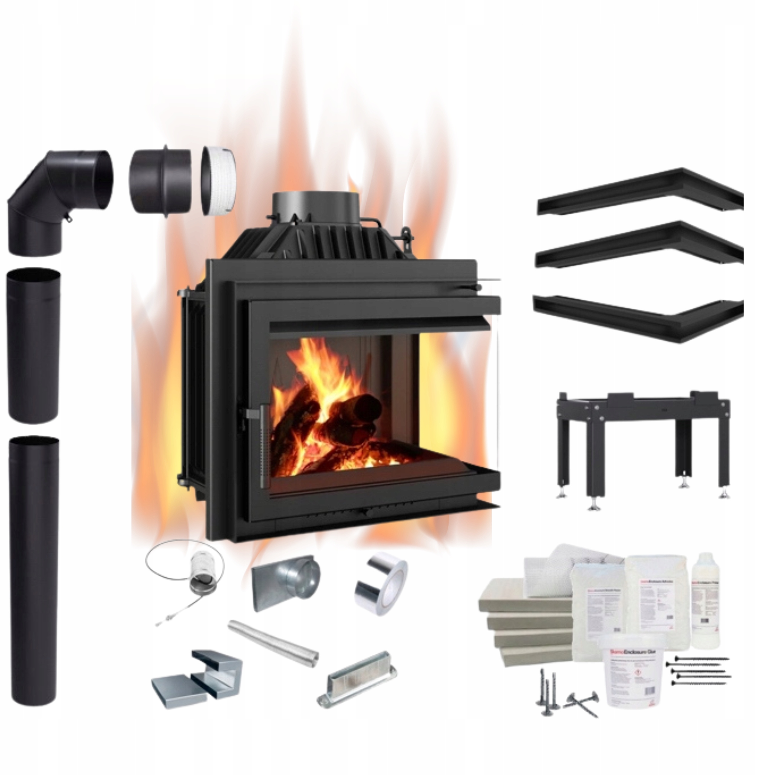 Kominek żeliwny narożny PRAWY Wkład Kominkowy SIMPLE 8 kW- ZESTAW Z PŁYTAMI