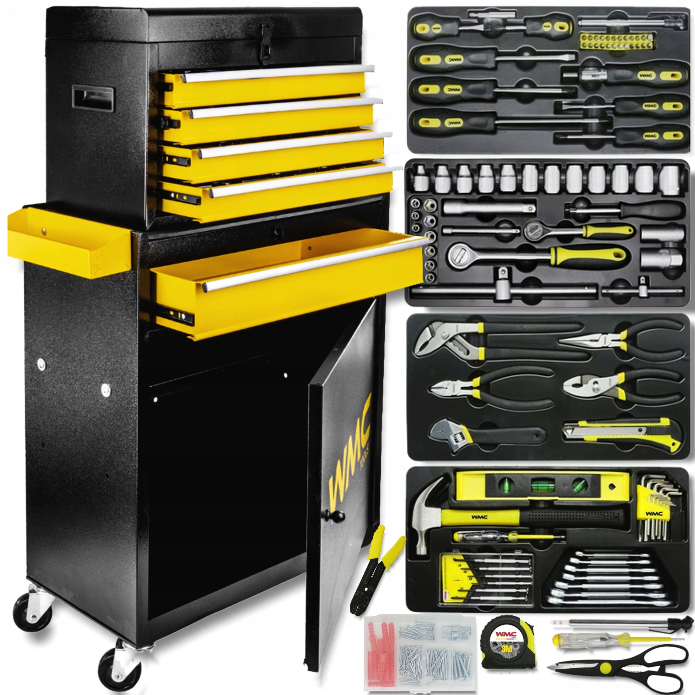 Skříňka na nářadí, dílenský vozík 257 ks. 5 zásuvek, zámek, kolečka