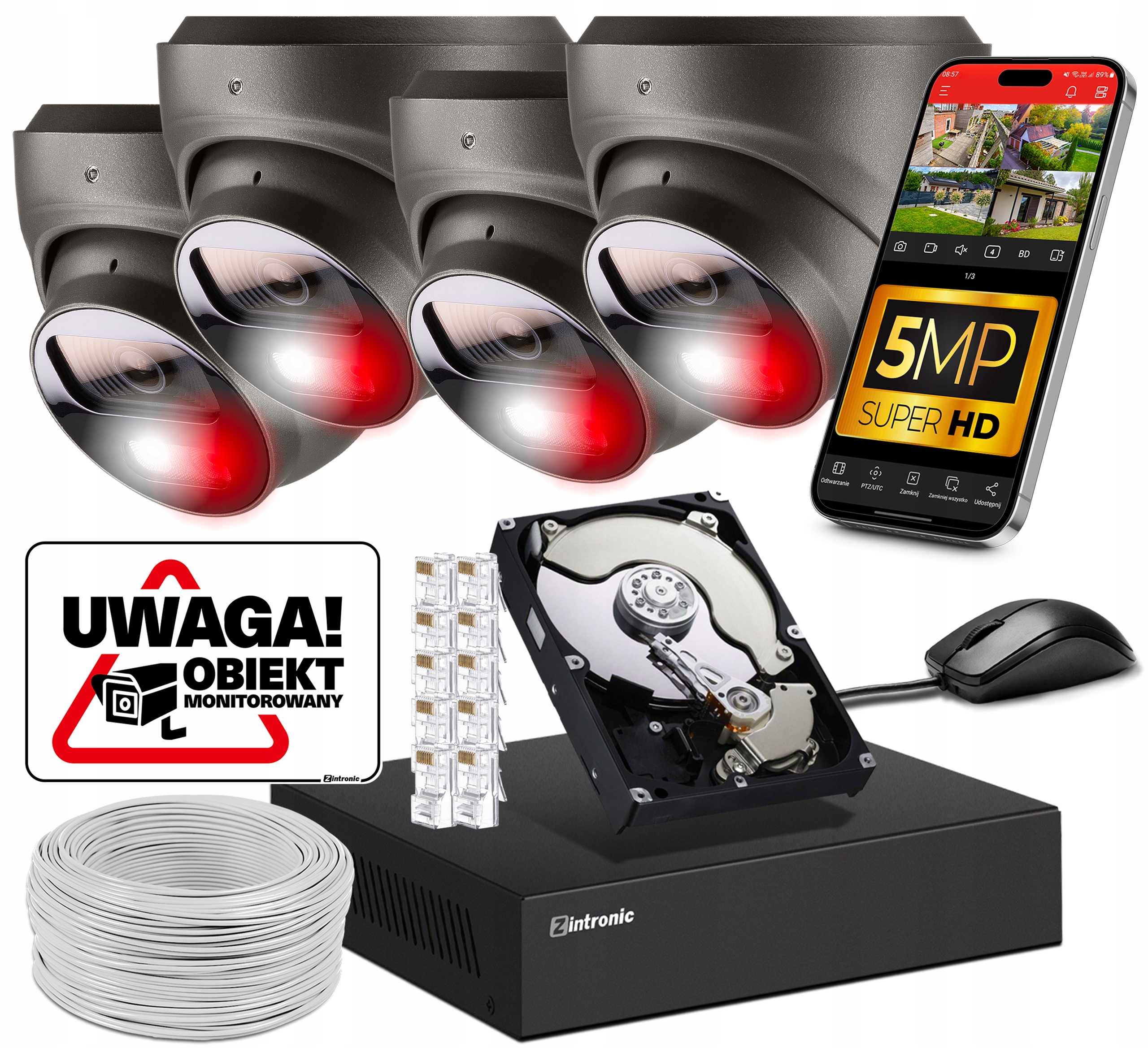 Zestaw kamer do Monitoringu Ip PoE 4 Kamery 5MPx Szare Audio Detekcja 1TB