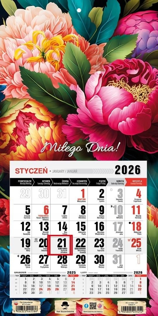 Kalendarz 2026 trójdzielny Jednodzielny Mini 2026 z MAgnesem Kwiaty malowan