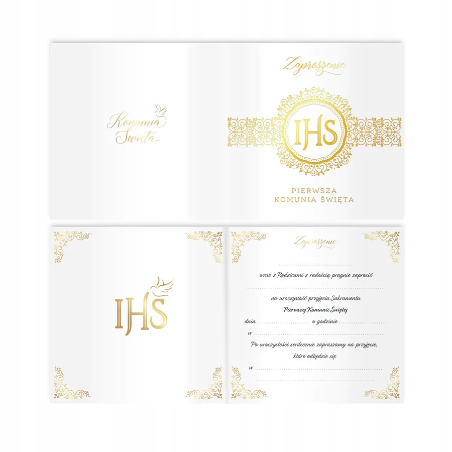 ZAPROSZENIE NA PIERWSZĄ KOMUNIE ŚWIĘTĄ biało ZŁOTE 10 tort zaproszenia PP EAN (GTIN) 5904610132593