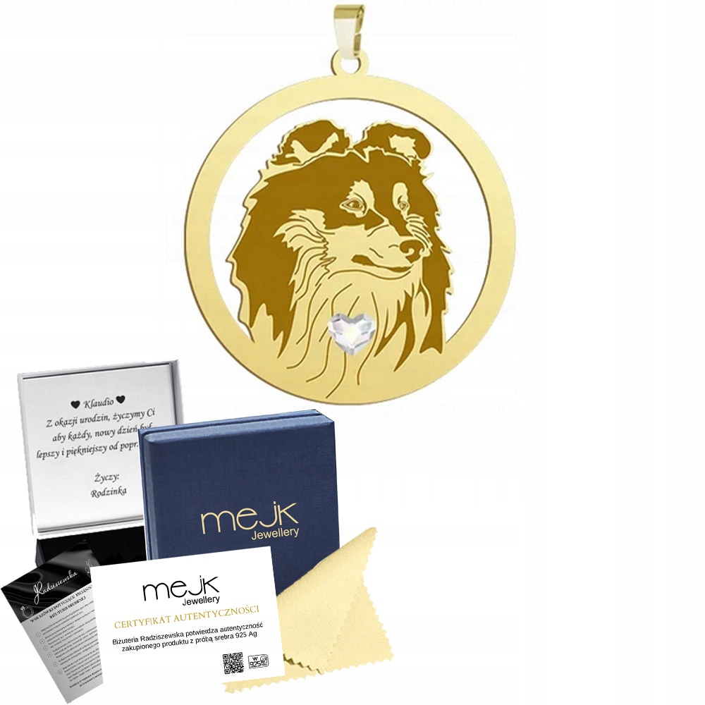 Zlatý přívěsek se psem Shetlandský ovčák 925 Dárek k narozeninám Gravírování