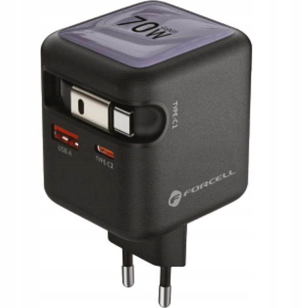 Síťová nabíječka s navíjecím kabelem 80 cm Forcell 70W GaN3 Usb-c Usb-a Pd
