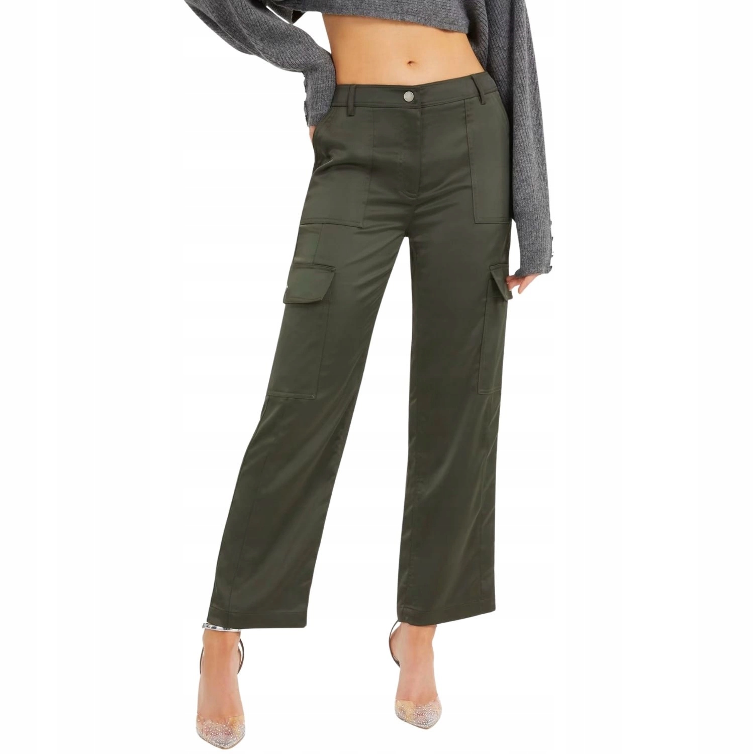 Dámské látkové kalhoty Guess zelené saténové cargo střední velikosti, velikost M