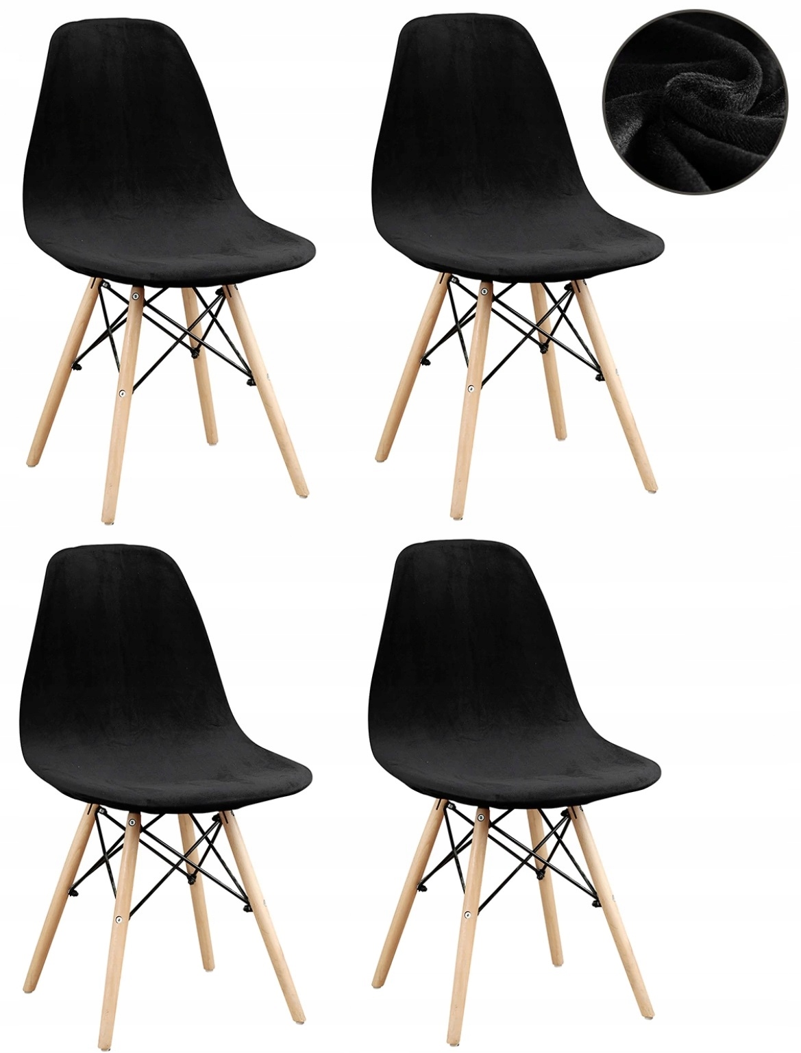 Sada 4 Ks Potahových Potahů Na Skandinávskou Židli Černý Velur