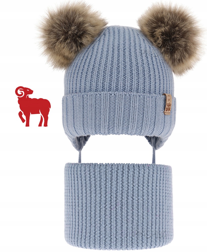 Błękitny Ciepły komplet zimowy Czapka wiązana Komin 50-52 Wełna Merino 3-7