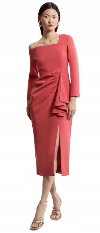 Karen Millen Šaty MIDI S Volánkem Na Rameni Pro Nízké Petite 38 B1F