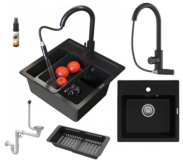 Granitový dřez Černý Malmo Sada Dřez sifon baterie Loseto černá