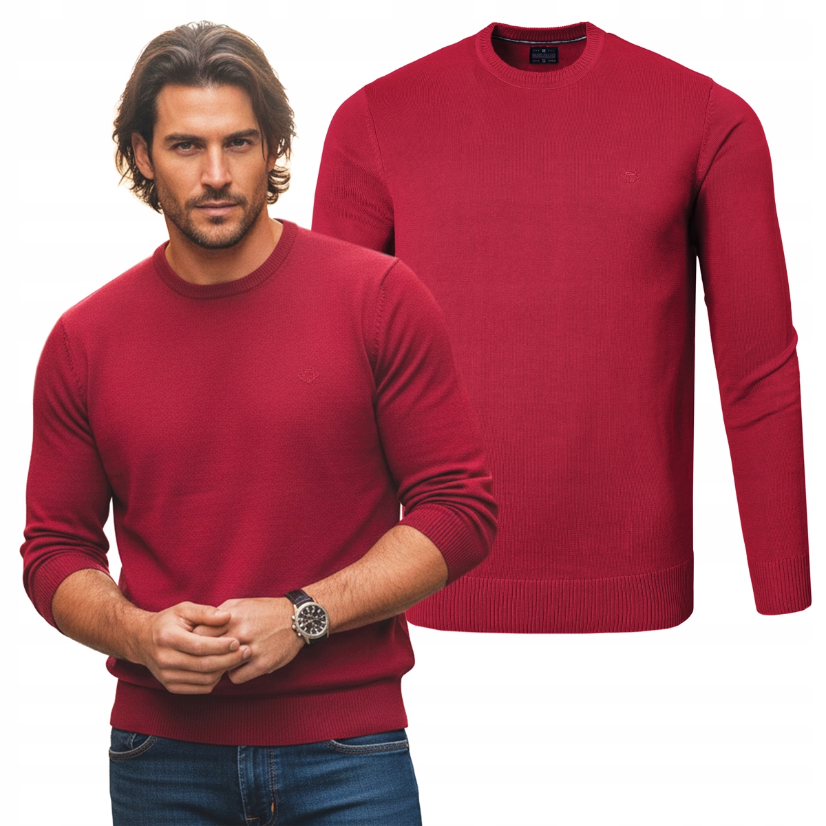 Pánský svetr Klasický Jednobarevný Hladký Basic Červený 2XL Pako Jeans
