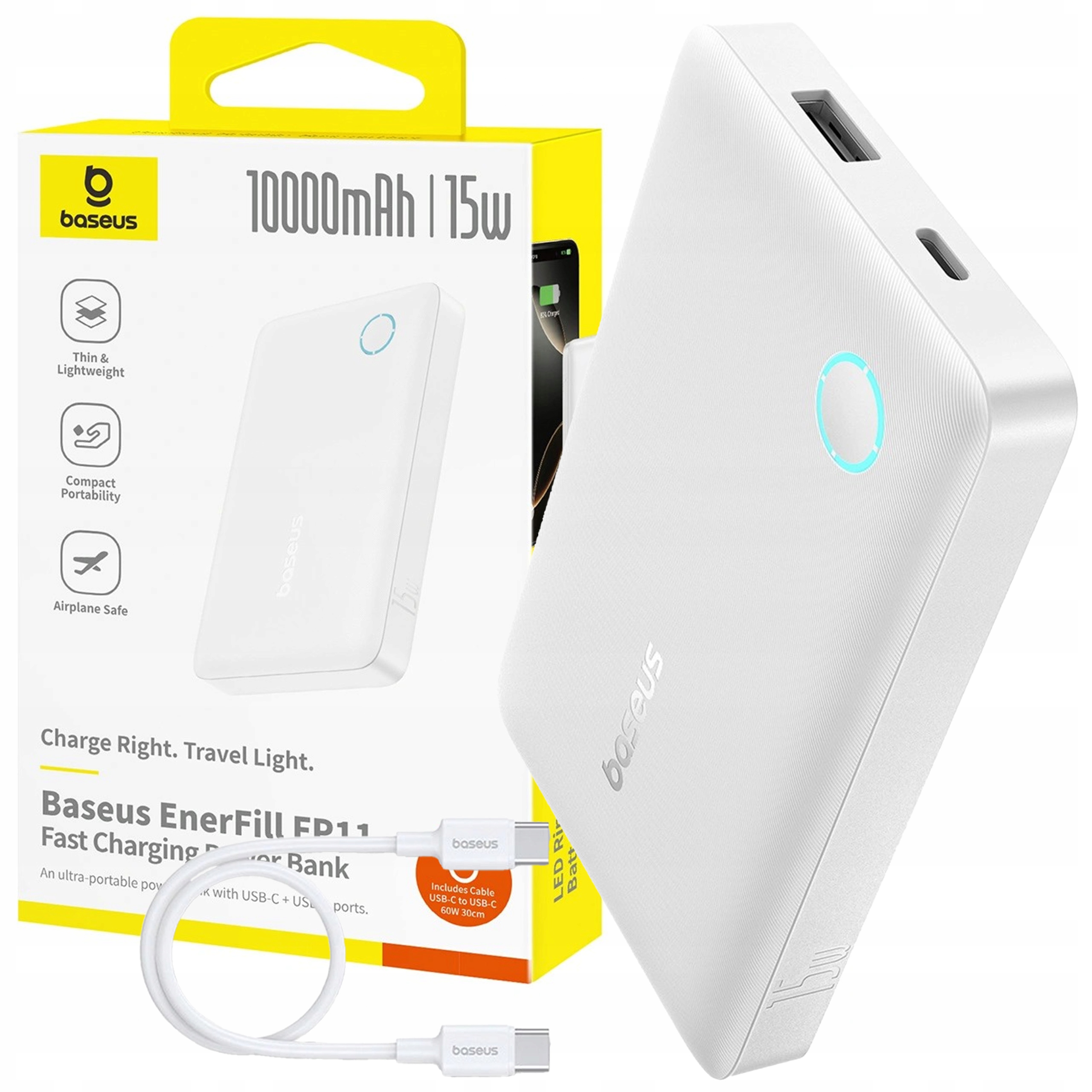 Powerbank Baseus EnerFill FP11 10000mAh 15W z białym kablem Usb- C 20V/