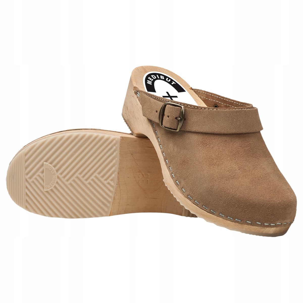 Chodaki, drewniaki z paskiem, welurowe, Medibut brązowe r. 36