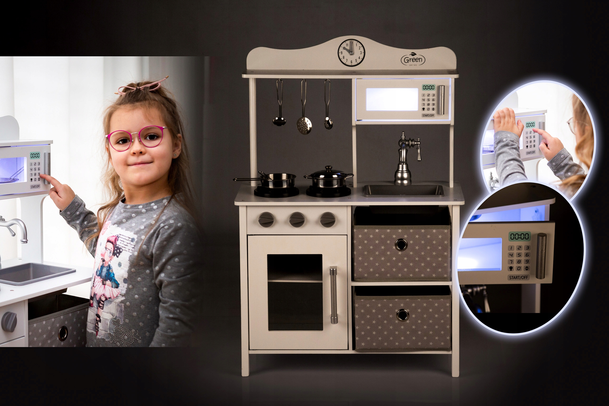 KINDERPLAY DREWNIANA KUCHNIA DLA DZIECI ŚWIATŁO AKCESORIA OWOCE WARZYWA Wiek dziecka 3 lata +