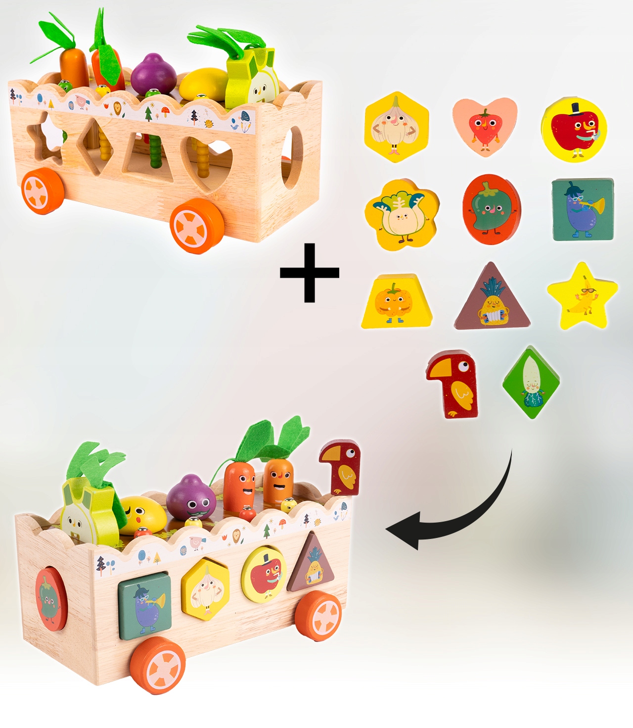 MONTESSORI DŘEVĚNÝ TŘÍDIČ ZELENINY HRA chyťte červa PUZZLE BLOCKS Šířka produktu 23 cm