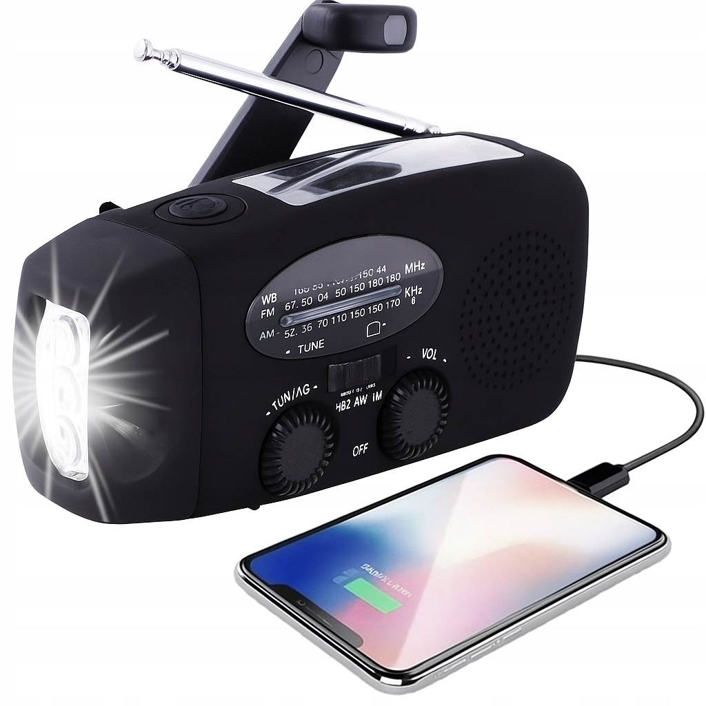 Małe solidne Radio Solarne Korbka Am Fm Usb Powerbank Latarka Dynamo 3w1