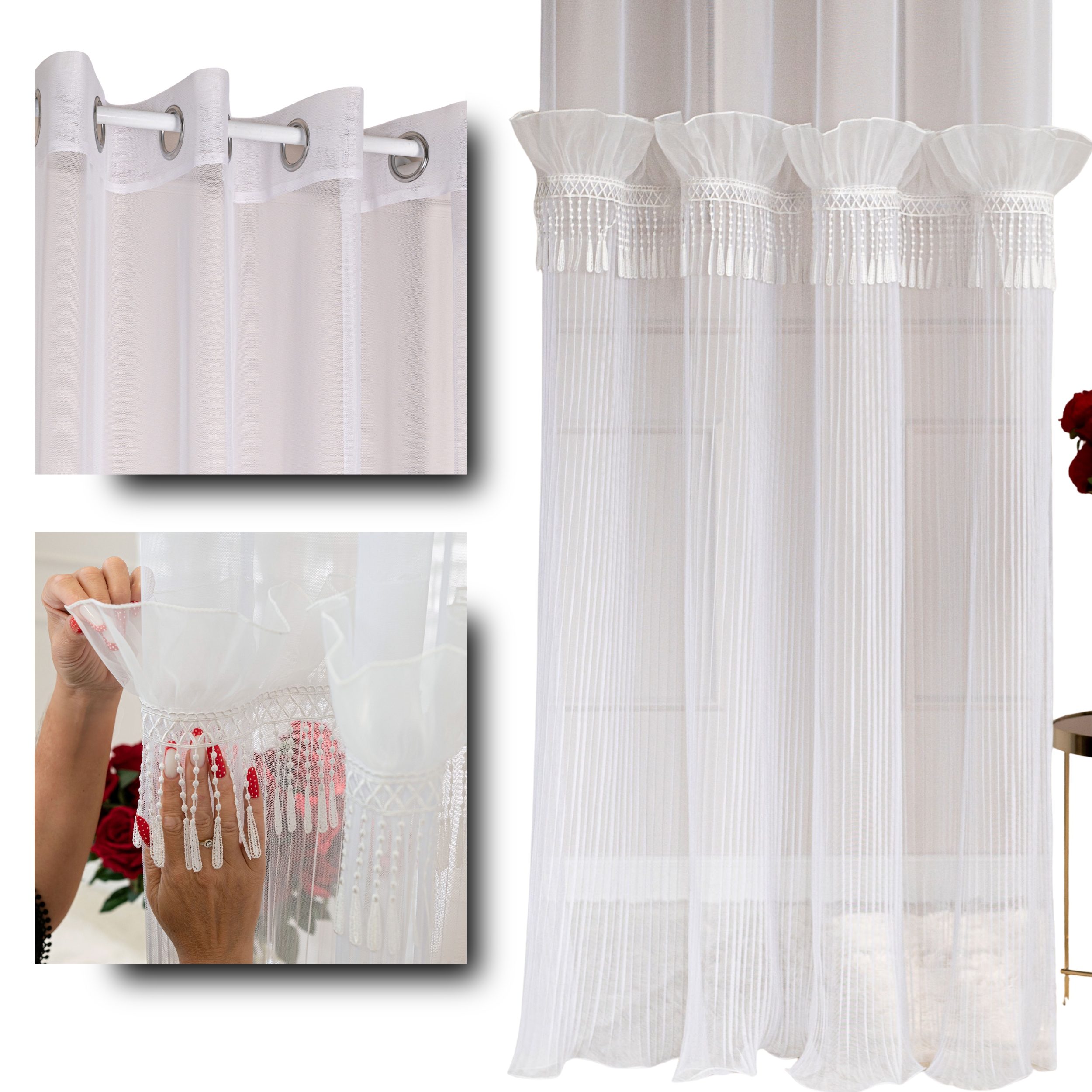 Firanka z frędzlami falbaną firana gotowa plisowana przelotki 140x250 Egret