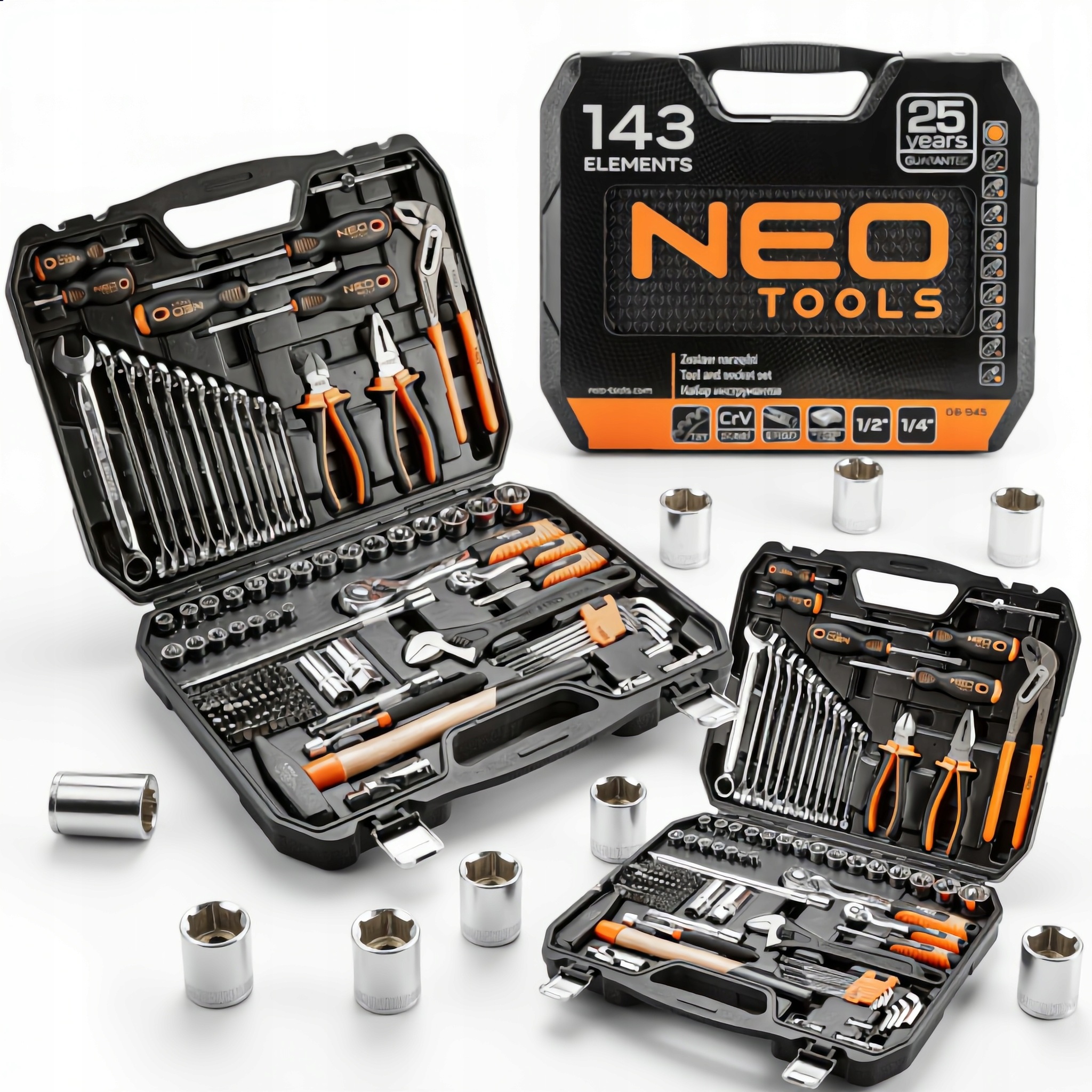 Klucze nasadowe Zestaw narzędzi komplet Walizka 143 szt. Neo Tools 08-945
