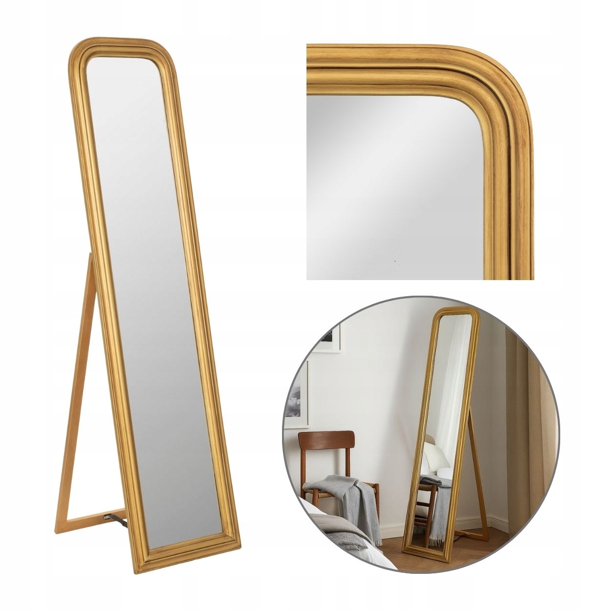 Zrcadlo Stojící Zlaté Velké Zaoblený Tvar Stylové Elegantní 160 CM