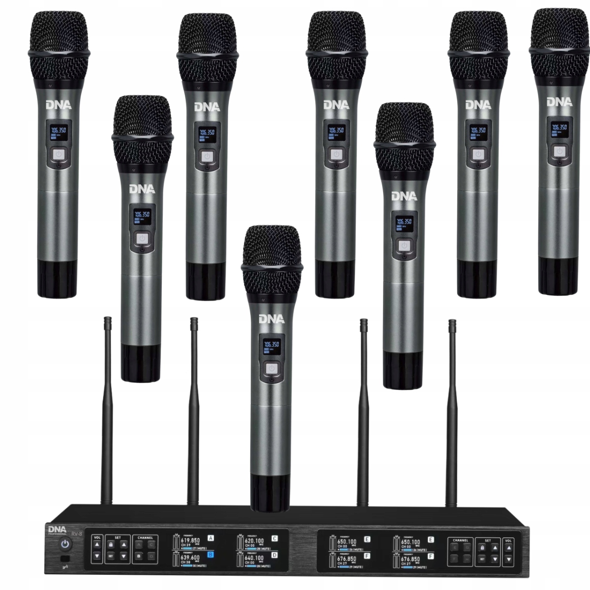 Dna RV-8 zestaw bezprzewodowy 8x bateryjny mikrofon doręczny odbiornik Uhf