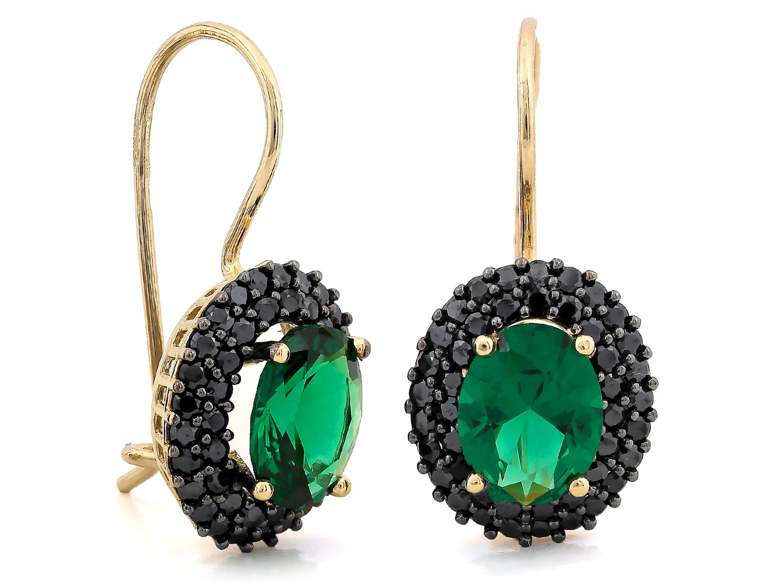 Náušnice pro ženu ze zlata 585 na biglu, zelený kámen a černé zirkony