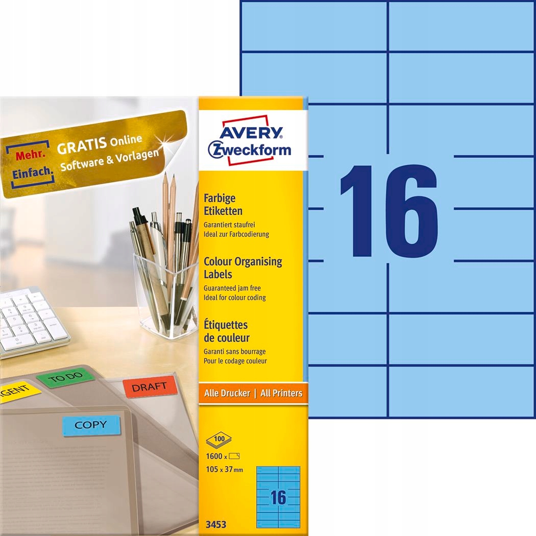 Modré etikety 3453 105 x 37 100 listů, trvanlivé, Avery Zweckform