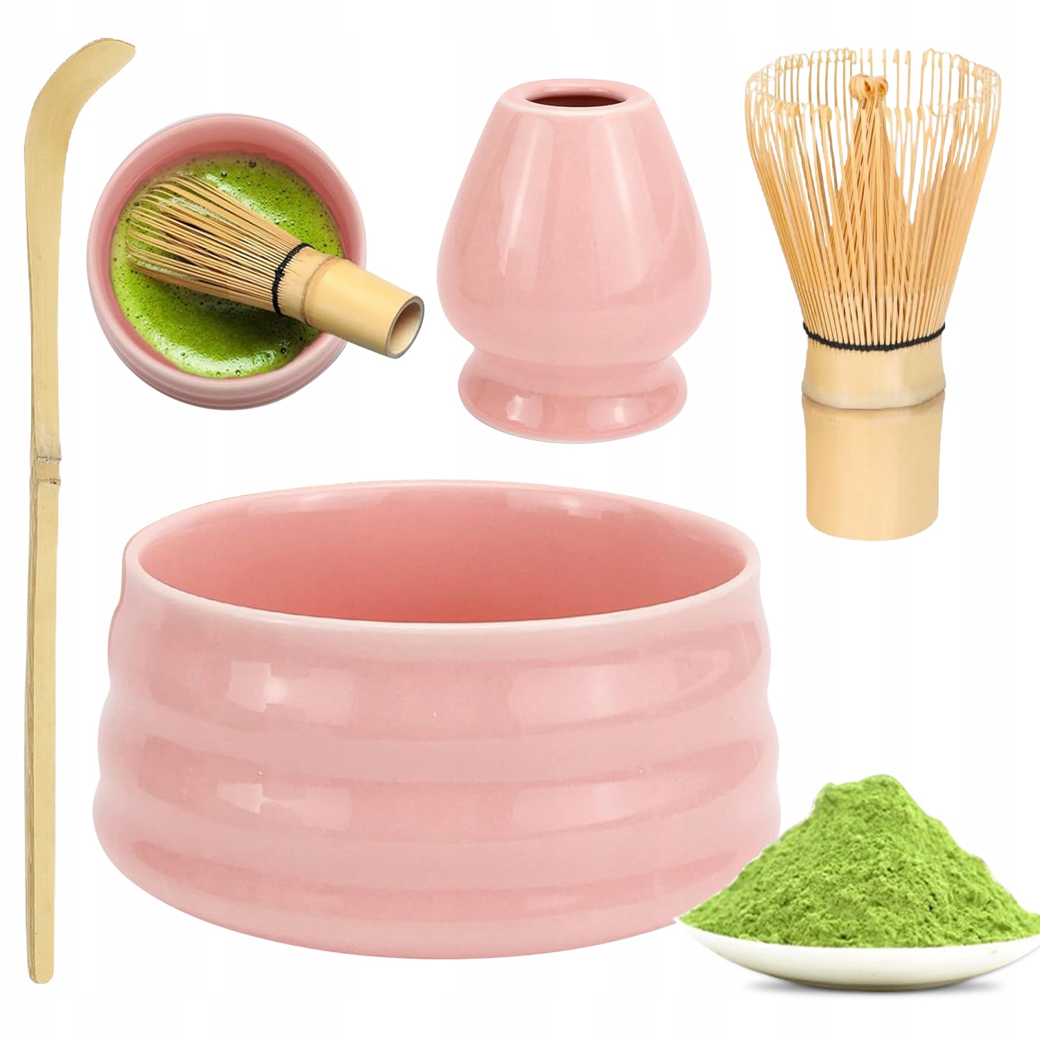 Levně Čajový Set Matcha Premium Růžový S Bambusovou Metlou