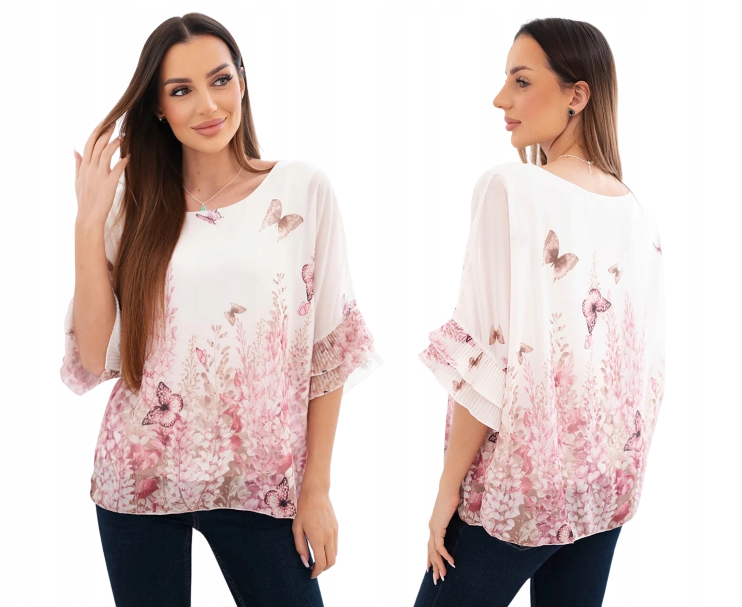 Różowa bluzka damska z motywem motyli i plisowanymi falbankami