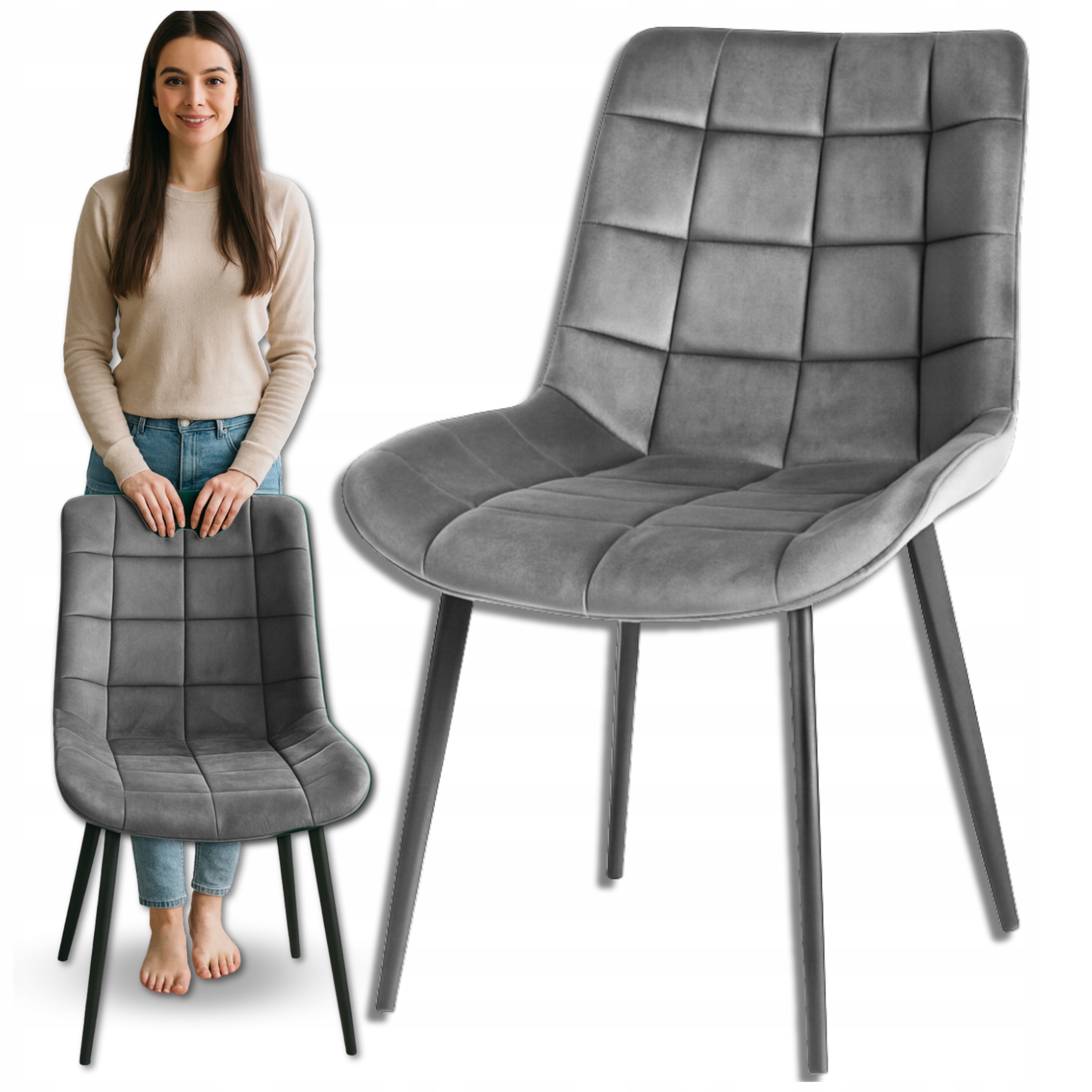 Krzesło tapicerowane welurowe pikowane metalowe nogi do jadalni salonu Loft