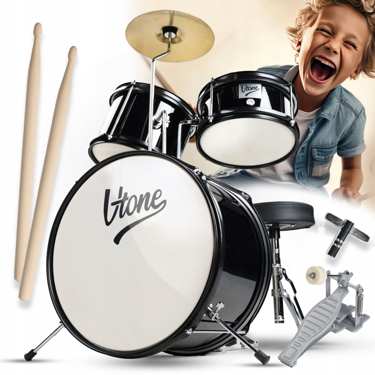 Akustická bicí souprava pro děti pro výuku hry Taboret Tyčinky Černá