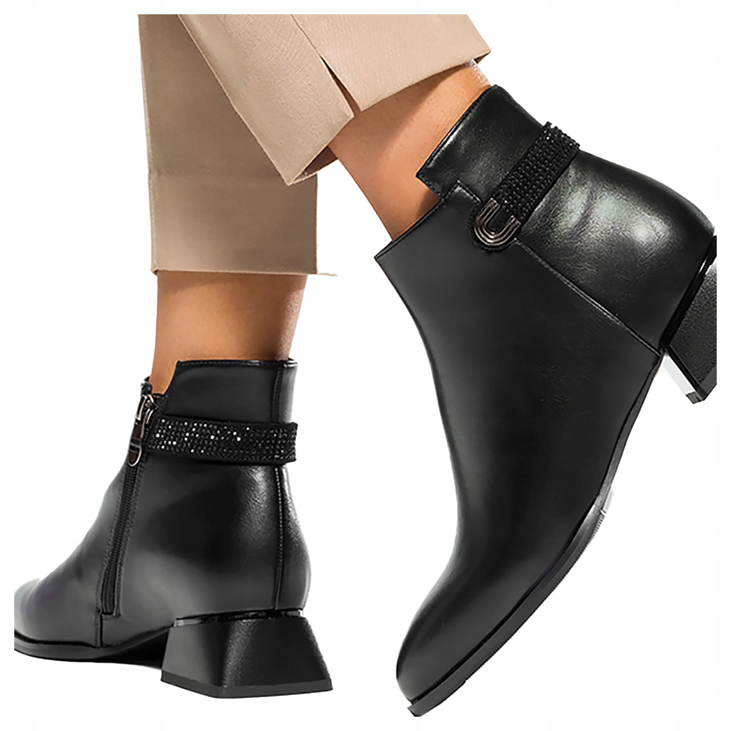 Černé Dámské Kotníkové Boty Na Ozdobném Blokovém Podpatku Módní Pásek S Cirkony vel. 38