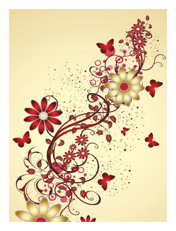 Fototapeta Červeno-zlaté kvety s motýľmi vinylová 184x254 lepidlo