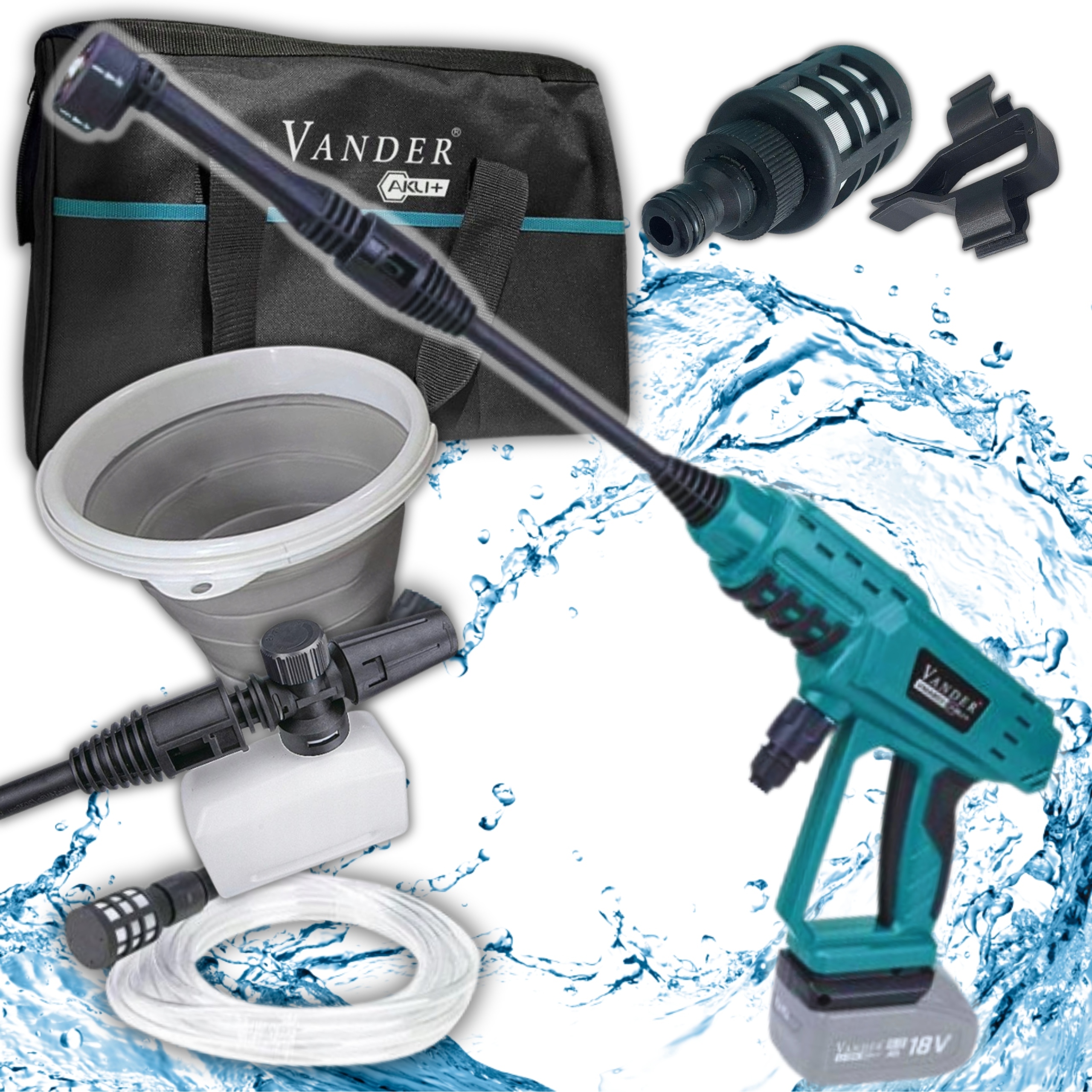 Myjka Ciśnieniowa Akumulatorowa 18V Vander 24 Bar Pianownica Wąż 6m Torba