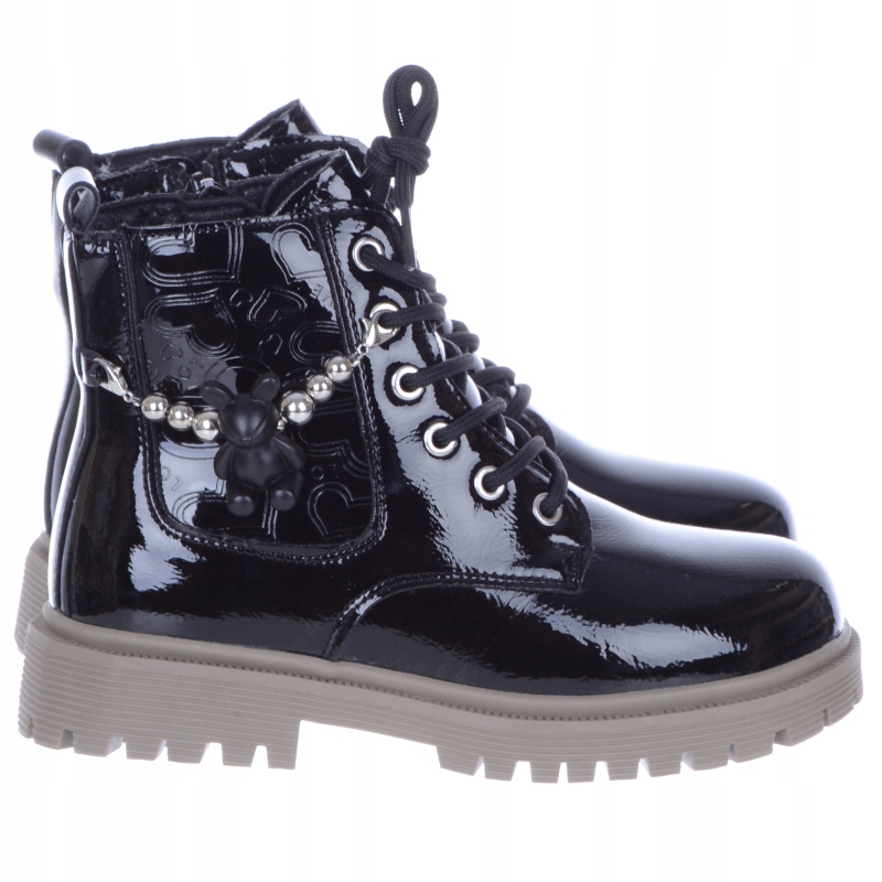 Czarne Lakierowane Ocieplane Dziewczęce Botki Kozaczki Wiązane z Ozdobą 30 Kod producenta HB354
