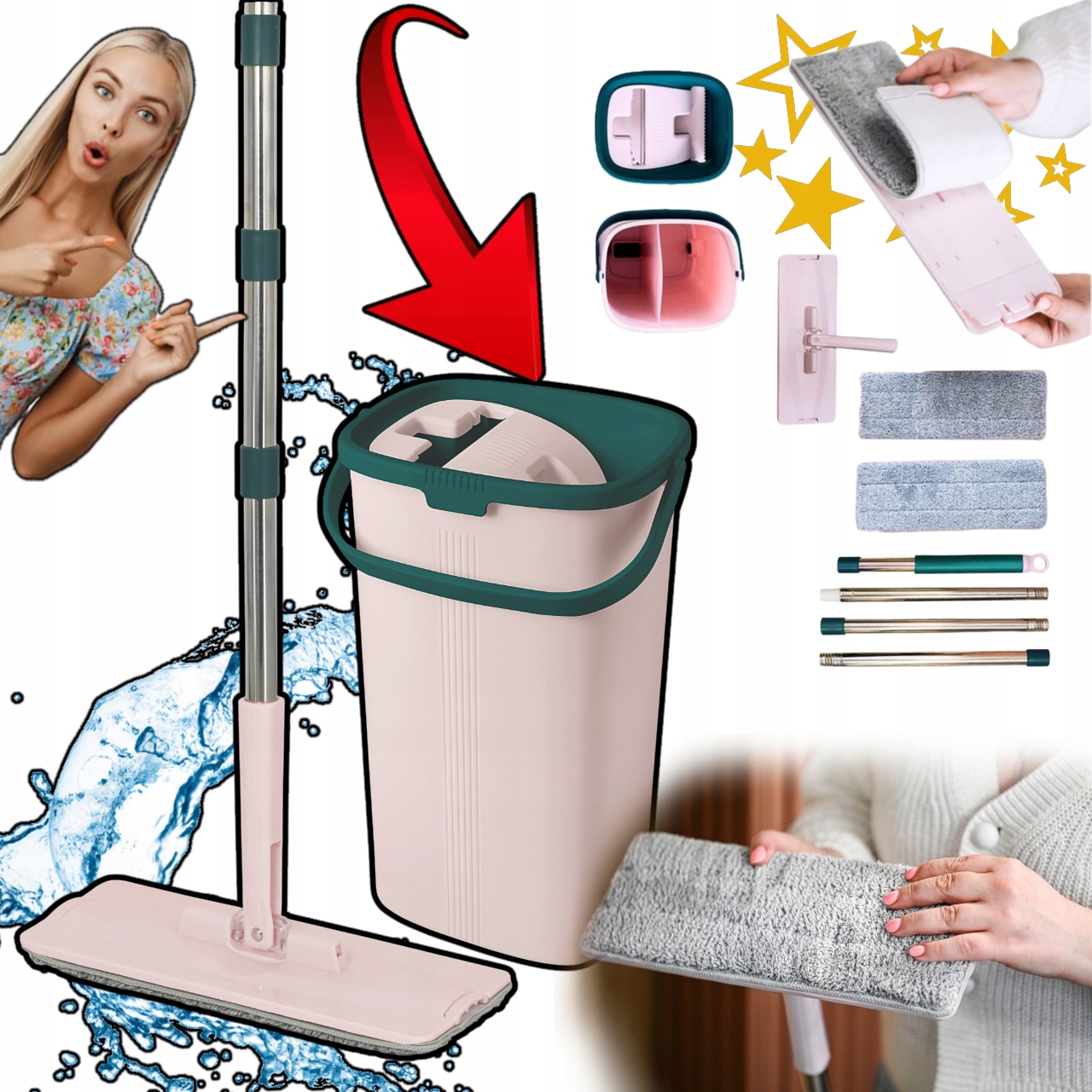 Zestaw Mop Płaski Wiadro Dwukomorowe Z Wyciskaczem Kij Teleskopowy+++