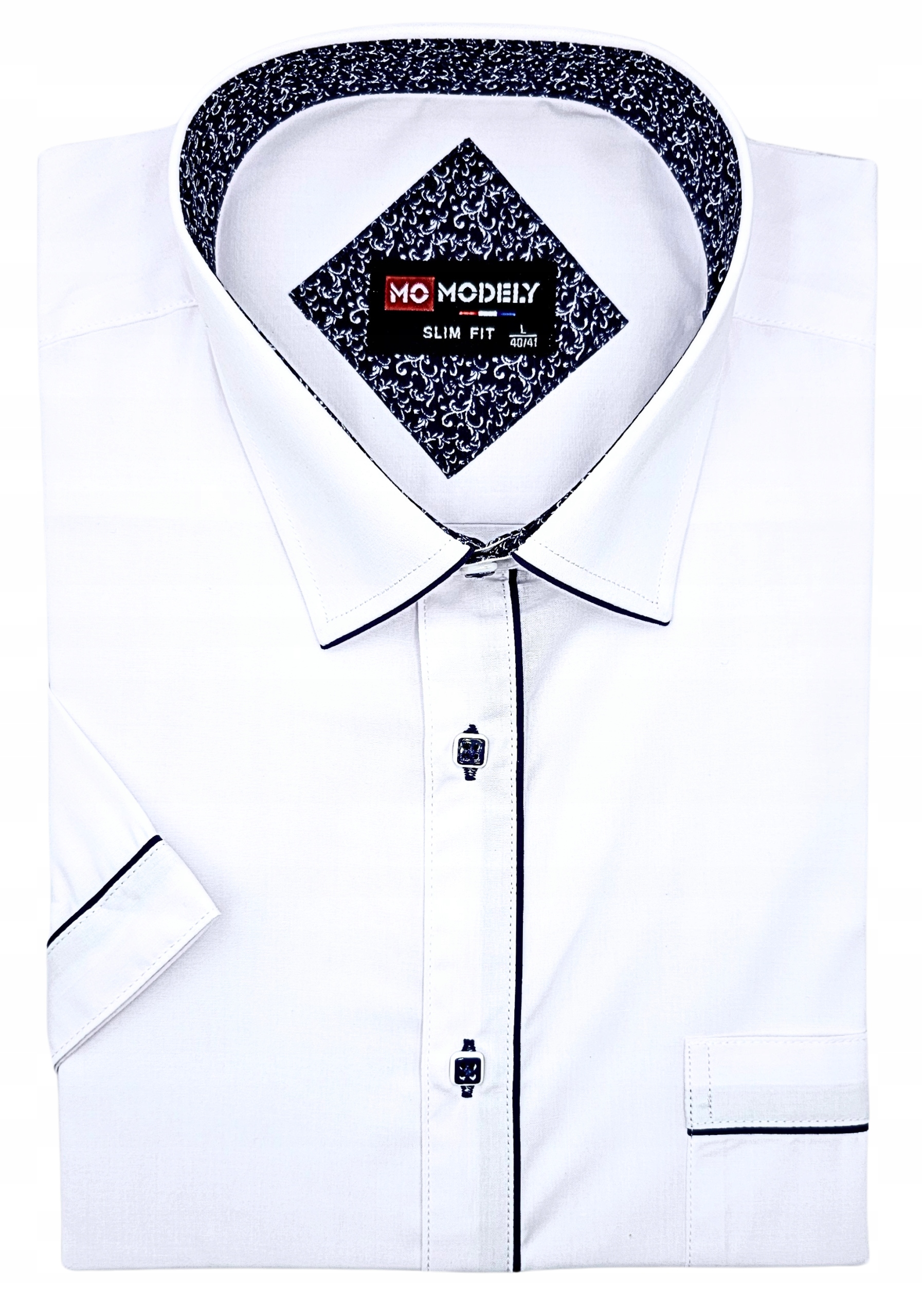 Koszula Męska Biała Krótki Rękaw krój Slim Fit bawełna Wzór 4