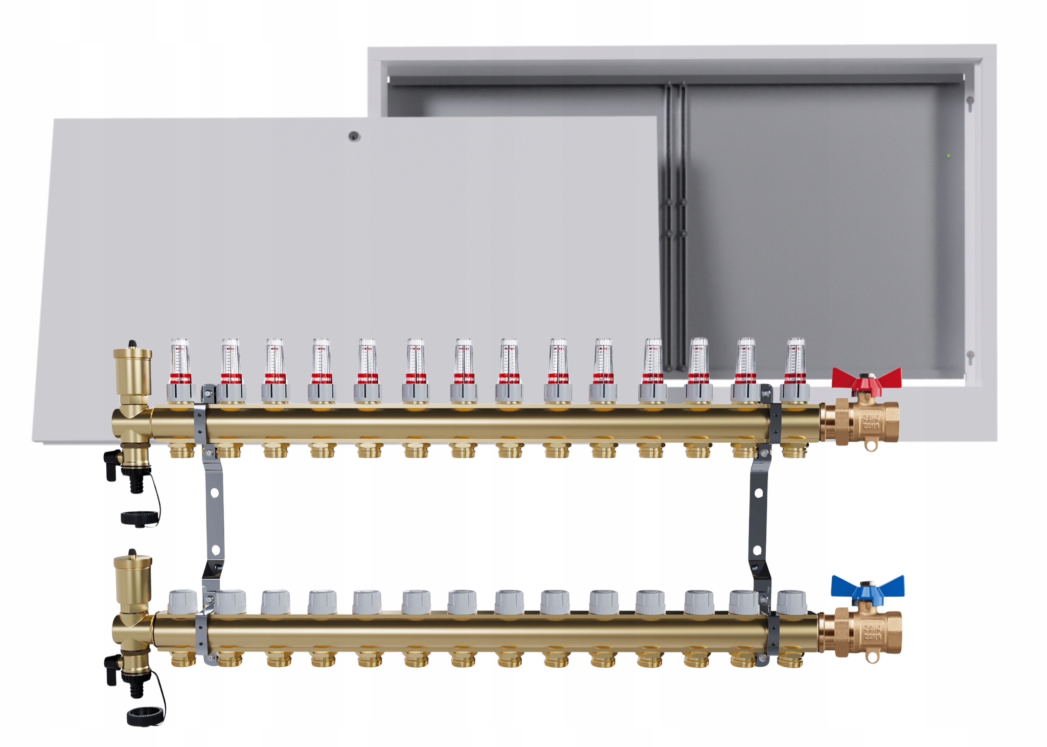 Rozdělovač podlahových krytin mosazný 14 obvodů nástěnná skříňka jednoduchý ventil