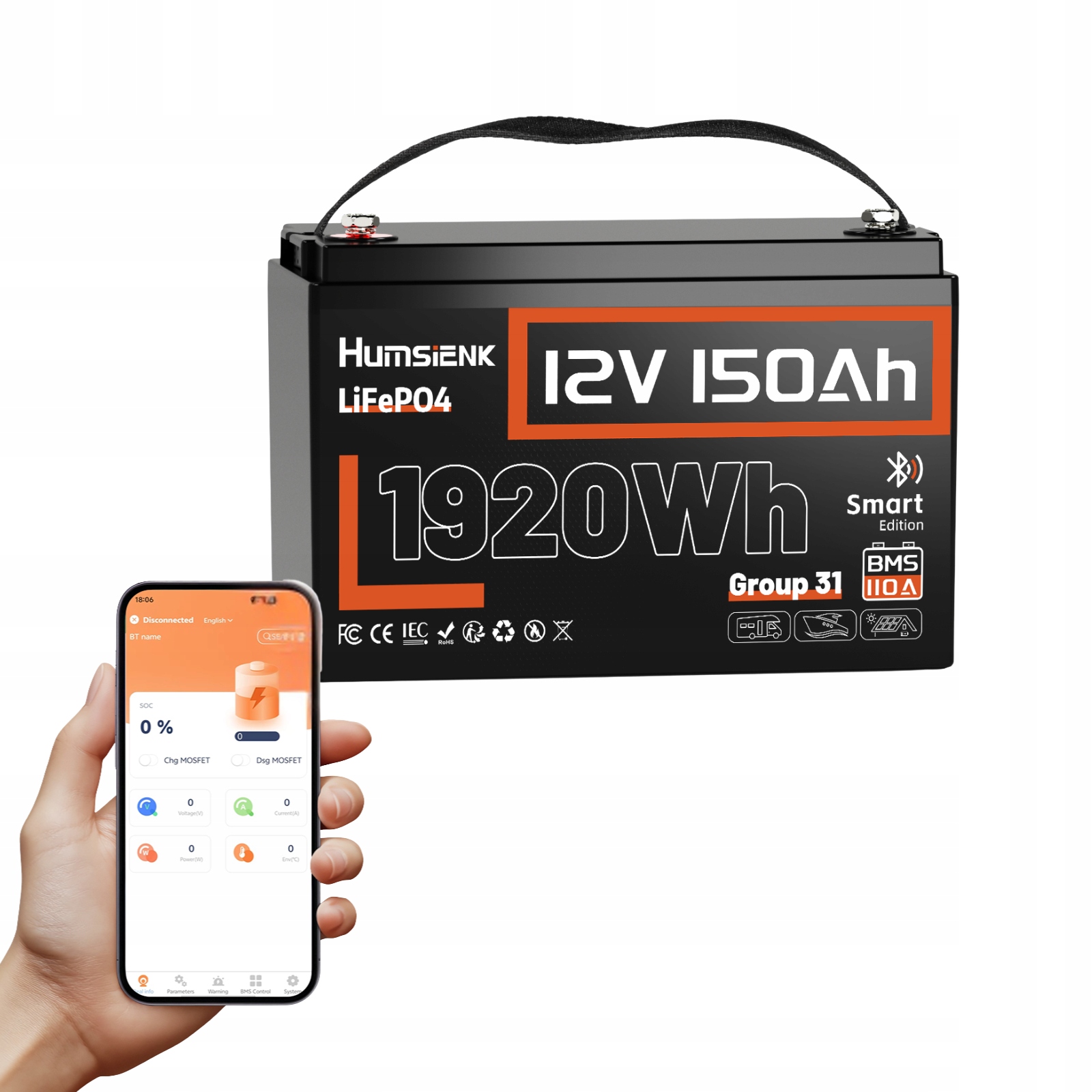 LiFePO4 Batéria 12V 150Ah 13kg Bluetooth 110A Bms Solárna Rv Marine