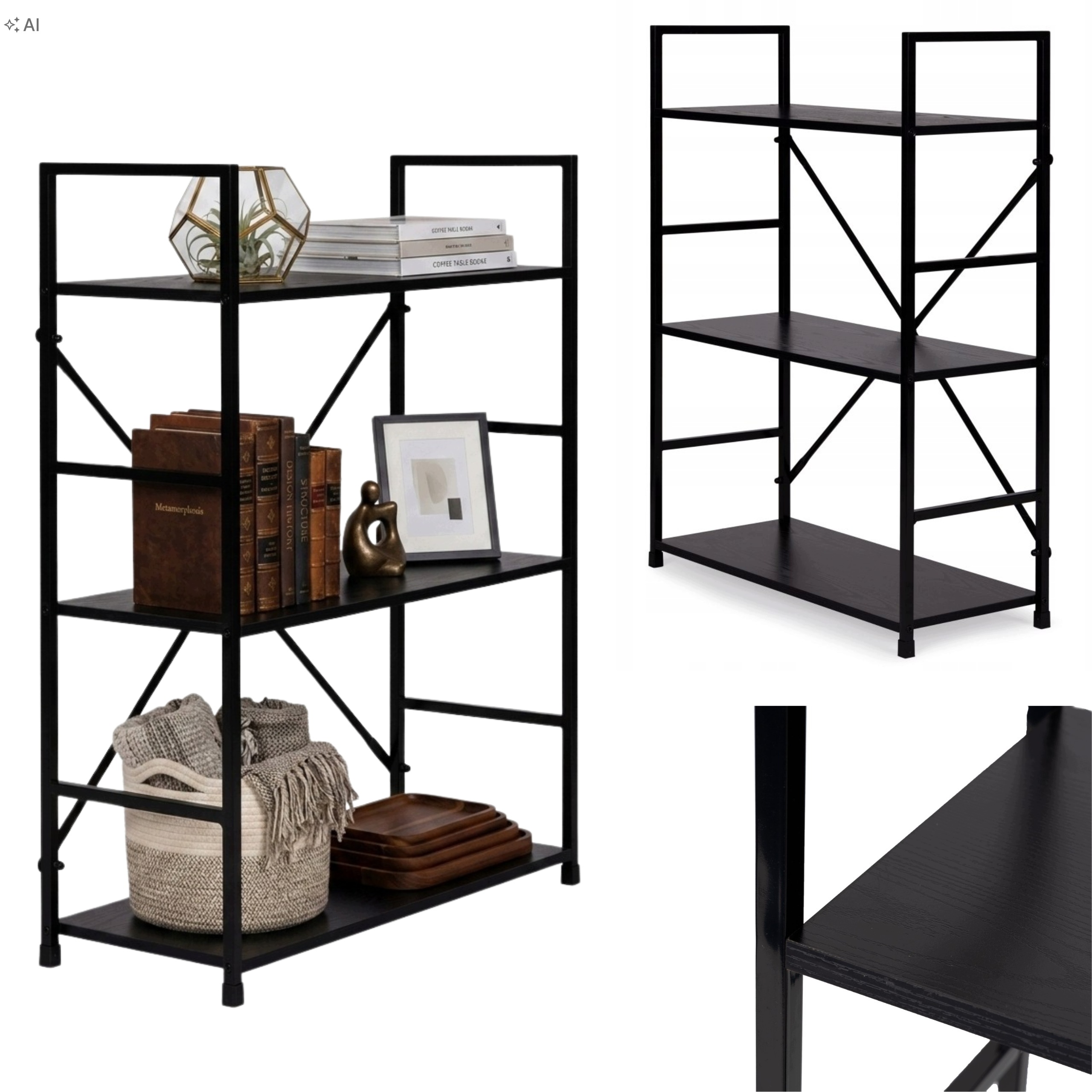 Regał Drewniany 60cm Loft 3 Półki Szafka Metal Na Książki Do Salonu Czarny