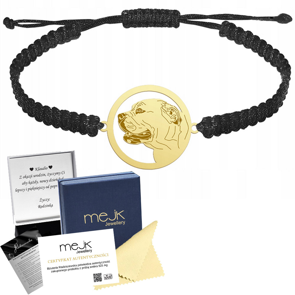 Zlatý náramek s psem Ca de Bou pes z Mallorky 925 Makramé Gravírování